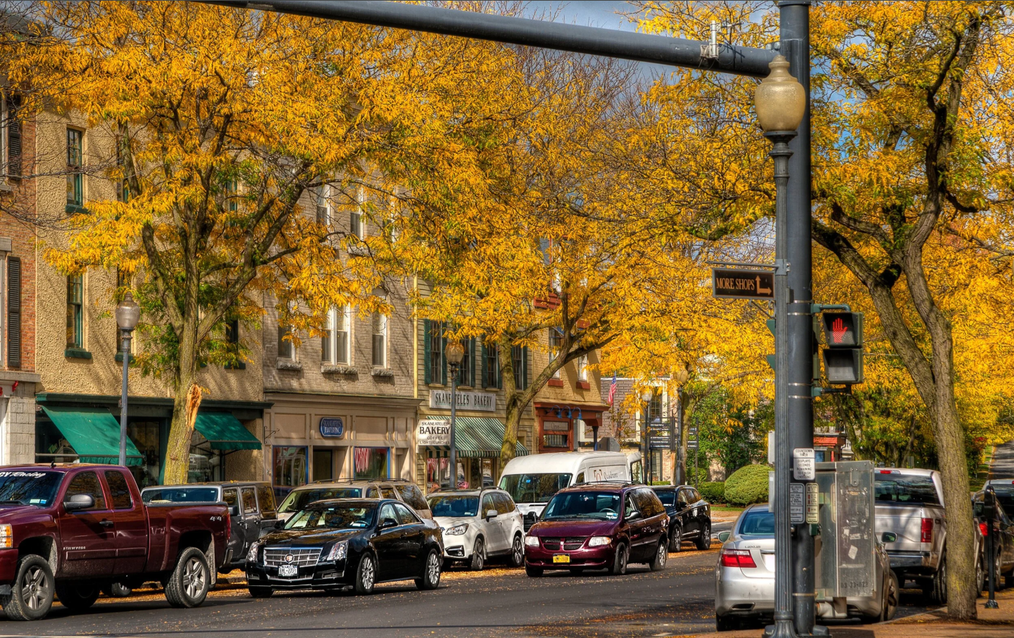 Fall foliage lining a village street in Skaneateles, New York.