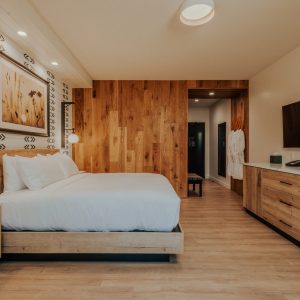 ADA King guest room with king bed, dresser, television, and wood-paneled entry at Skaneateles Fields Resort & Spa.